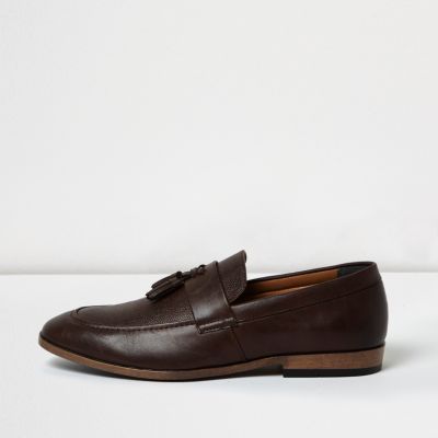 Dark brown faux leather tassel loafers